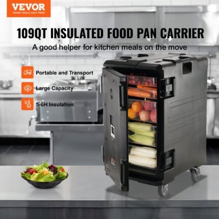 Insulated Food Pan Carrier, 109 Qt Hot Box For Catering, LLDPE Food Box Carrier W Double Buckles, Front Loading Food Warmer W Handles, End Loader W Wheels For Restaurant, Canteen, Etc. Black