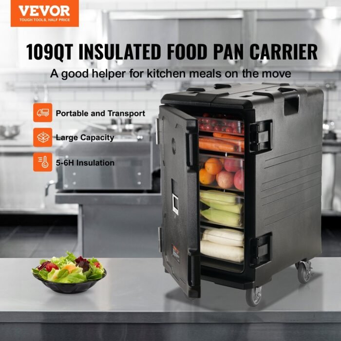 Insulated Food Pan Carrier, 109 Qt Hot Box For Catering, LLDPE Food Box Carrier W Double Buckles, Front Loading Food Warmer W Handles, End Loader W Wheels For Restaurant, Canteen, Etc. Black - Image 1
