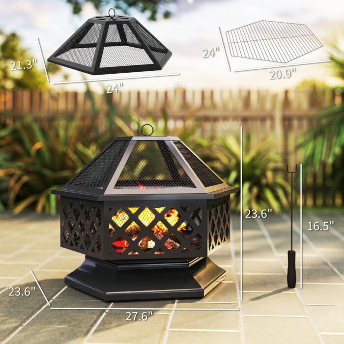 28 Outdoor Fire Pit With Grill Hexagon Fireplace Wood Burning Firepit With Cooking Grate, Fire Poker,  Screen Lid - Image 1